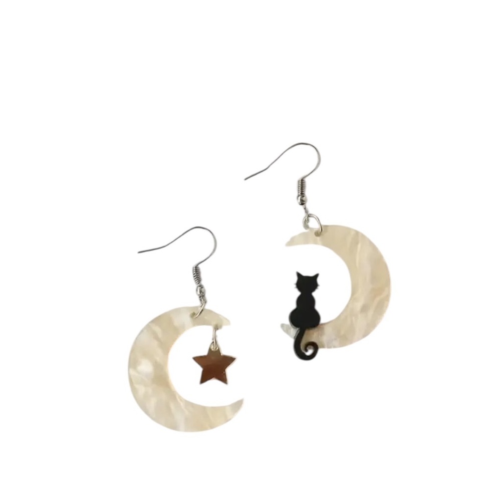 Yellow Star Moon and Black Cat Earrings